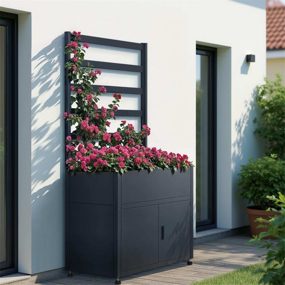 Metzler Hochbeet für Garten mit Stauraum & Pflanzgitter – Pulverbeschichteter Stahl in Anthrazit RAL7016 | Witterungsbeständiges Kräuterbeet aus Metall, Pflanzkübel groß außen | 50 x 100 x 190 cm