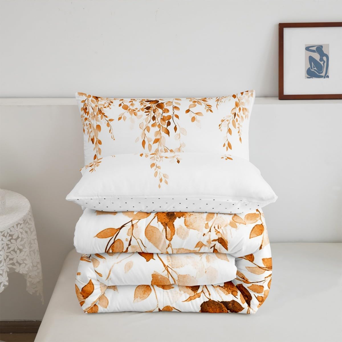 Erosebridal Orange Eucalyptus Comforter Set Toddler Size, Watercolor Plant Leaves Bedding Set Minimalist Stylish Duvet Insert for Kids Teens Adult Women, Natural Botanical Rustic Farmhouse Quilt