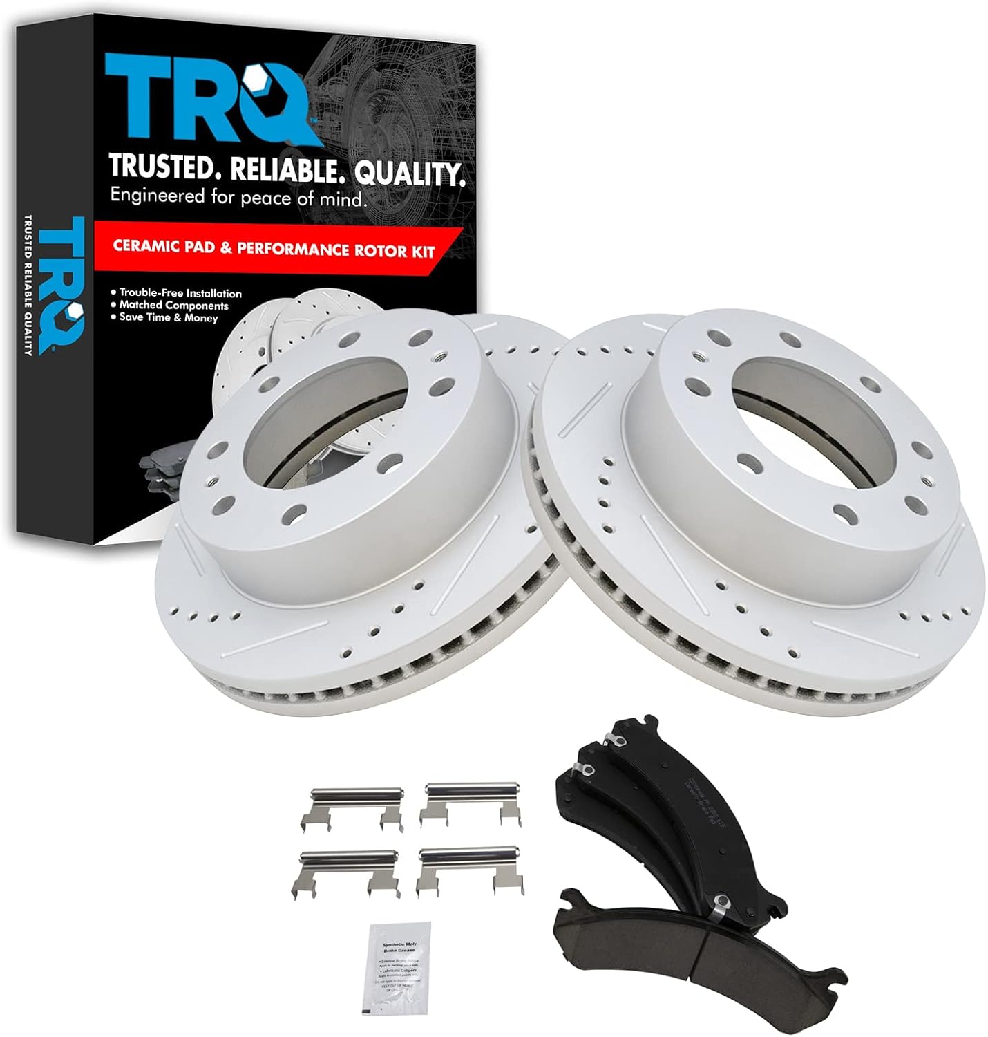 TRQ Brake Pad & Rotor Drilled Slotted Posi Ceramic Front Kit for Chevy GMC