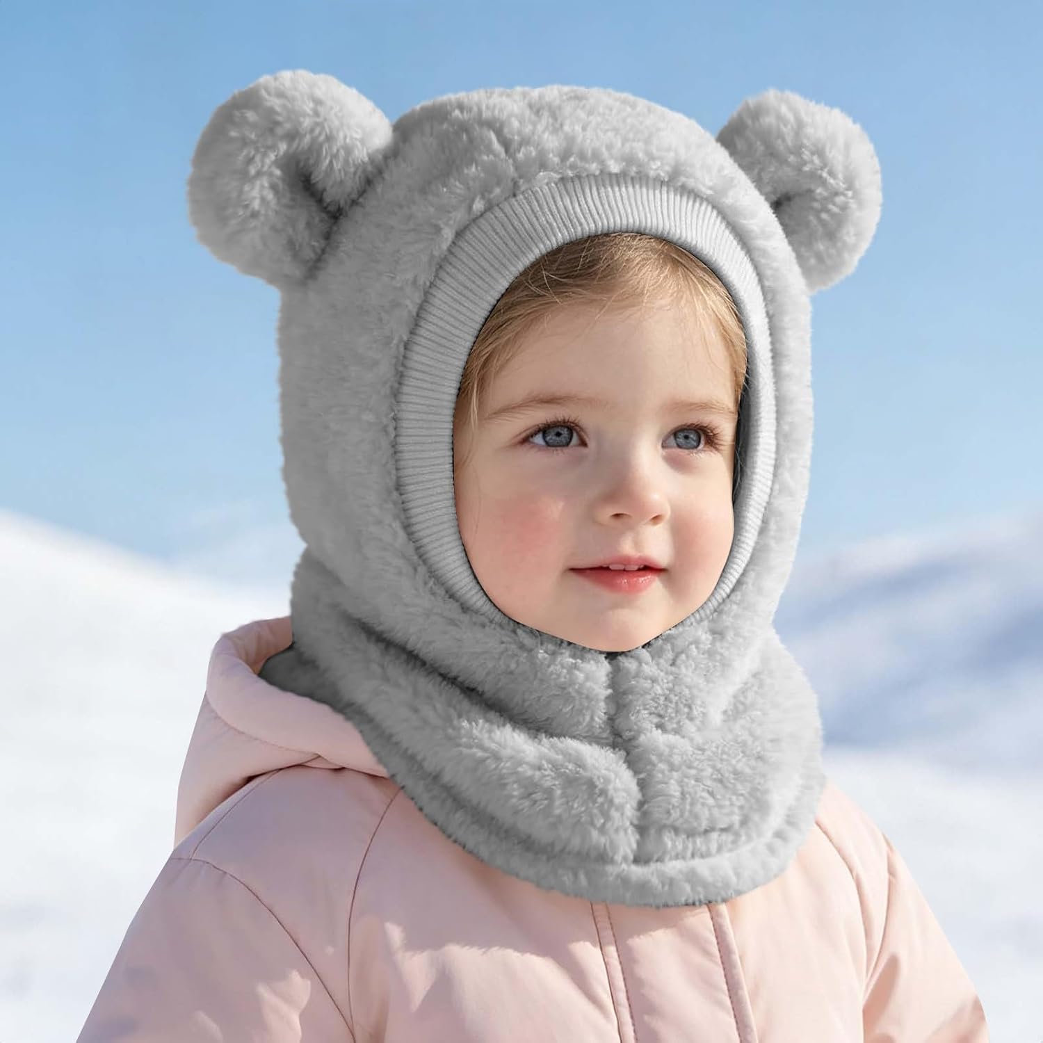 Winter Hat for Baby Cute Bear Ears Fleece Hood Neck Scarf Warm Thick Hats