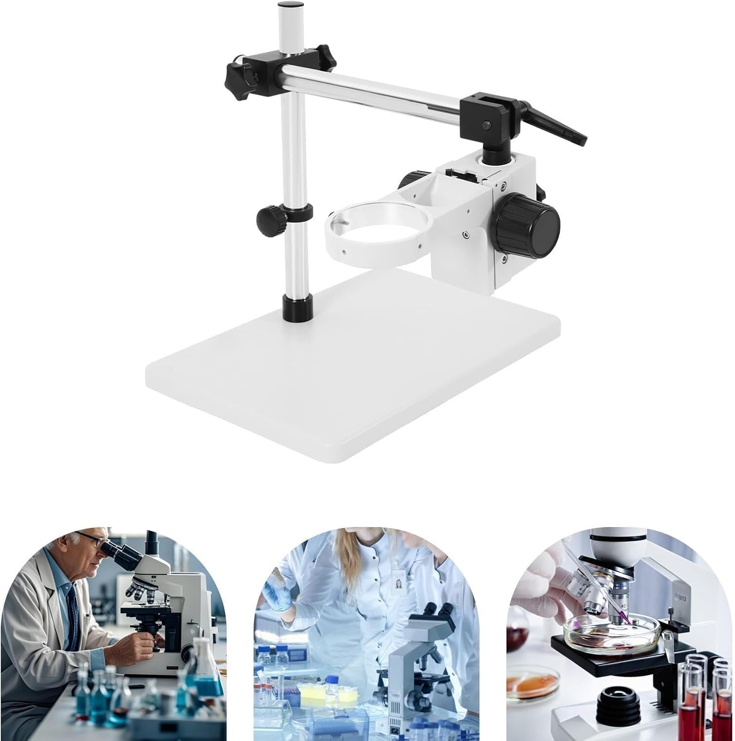 Supporto girevole per microscopio con base robusta e staffa di messa a fuoco, diametro interno di 76 mm, ideale per laboratori e officine.