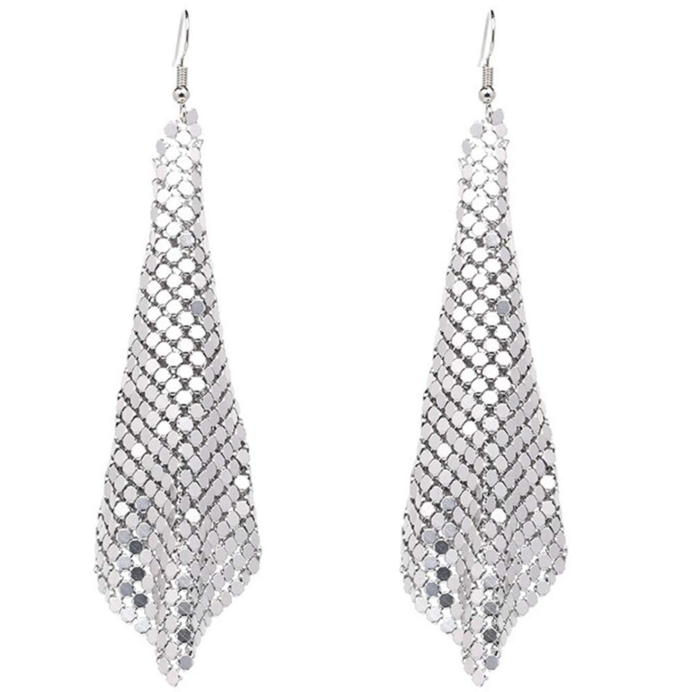 Rectangle Dangle Lightweight Mesh Tassel Sequin Long Drop Earrings