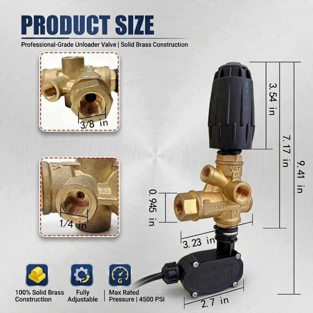 VRT3 Pressure Washer Unloader Valve, 4500 max PSI, 10.5 Max GPM, 3/8"F Outlet, Adjustable Knob, AR ANNOVI REVERBERI