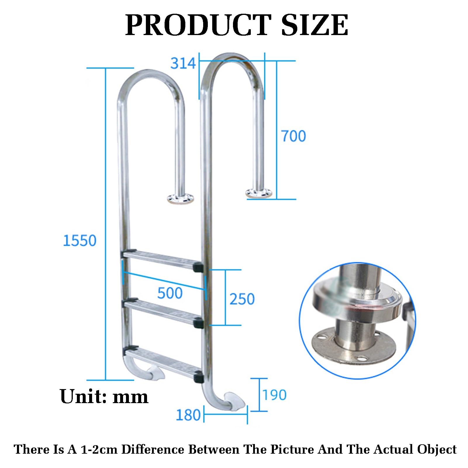 Escalera de Piscina con pasamanos, soporta hasta 250 kg, con Base de instalación rápida, Ideal para Parques acuáticos Interiores y Exteriores.