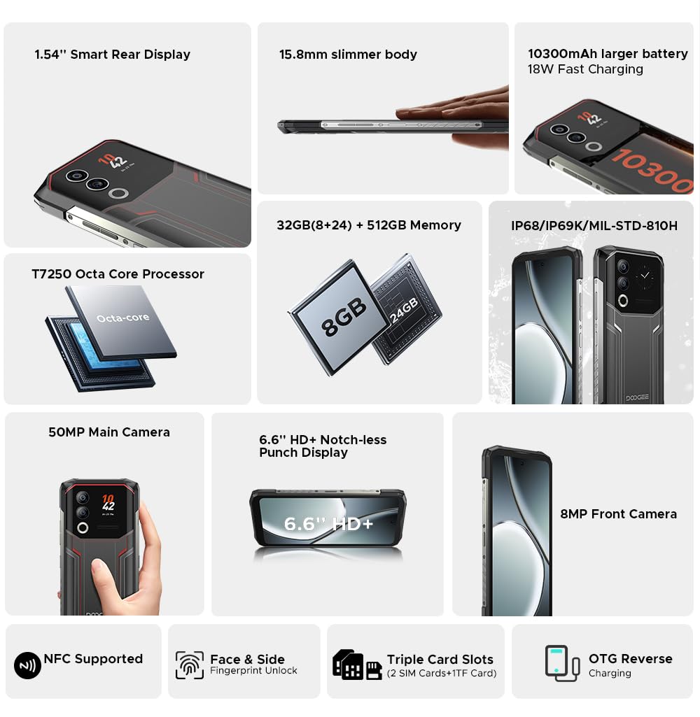 Smartphone Incassable Blade 20 Ultra, 32Go+512Go, Écran Secondaire 1,54", Batterie 10300mAh, 15,8mm Fin, Écran 6,6" 90Hz, Caméra IA 50MP, Android 14, Téléphone Renforcé, GPS NFC, Noir