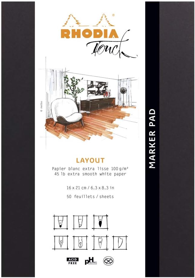 RHODIA Touch 116100C - Marker Pad A5+ - 50 Sheets - Clairefontaine Layout Uni White Extra Smooth Paper 100 g/m - for Drawing with Alcohol Marker, Liner Pen, Fountain Pen