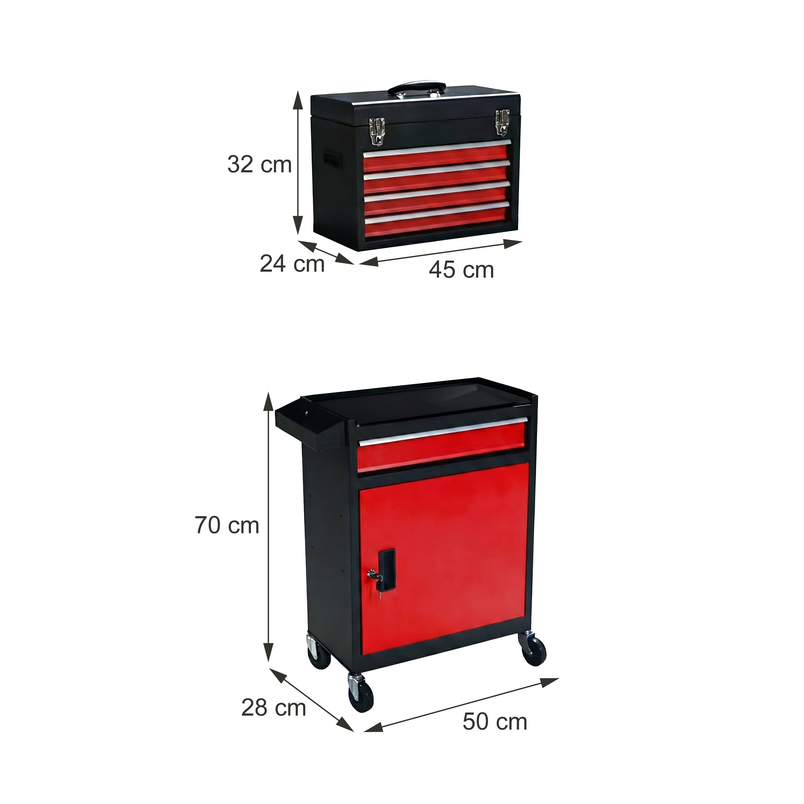 Relaxdays Chariot d'atelier, Noir-Rouge | 5 tiroirs + coffret amovible verrouillable, 104×59,5×28 cm, roulettes, acier