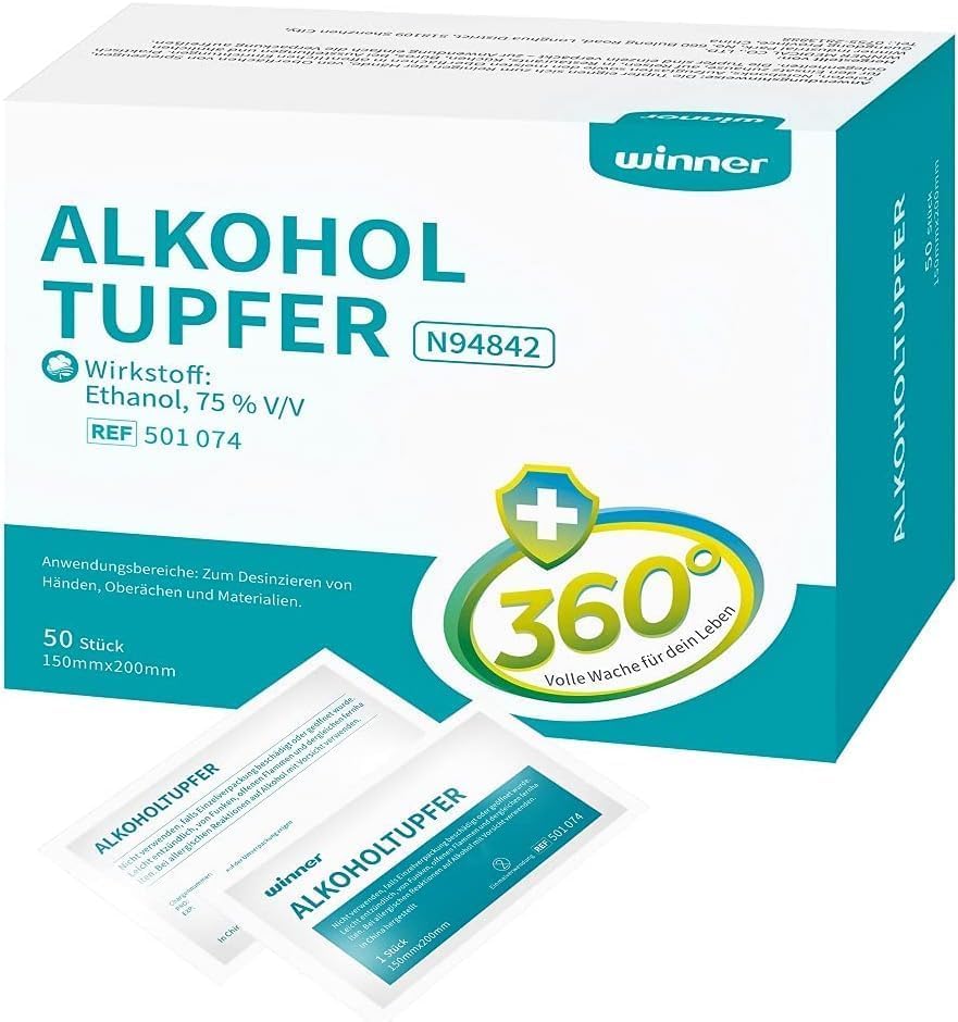 Winner Medical 75% Ethanol Alkoholtupfer,groß,4-lagige Quadratische Wattepads, Gut Getränkt Mit Alkohol,Sterile Tupfer Alkohol,50 Stück Alkoholtücher(11x15cm)