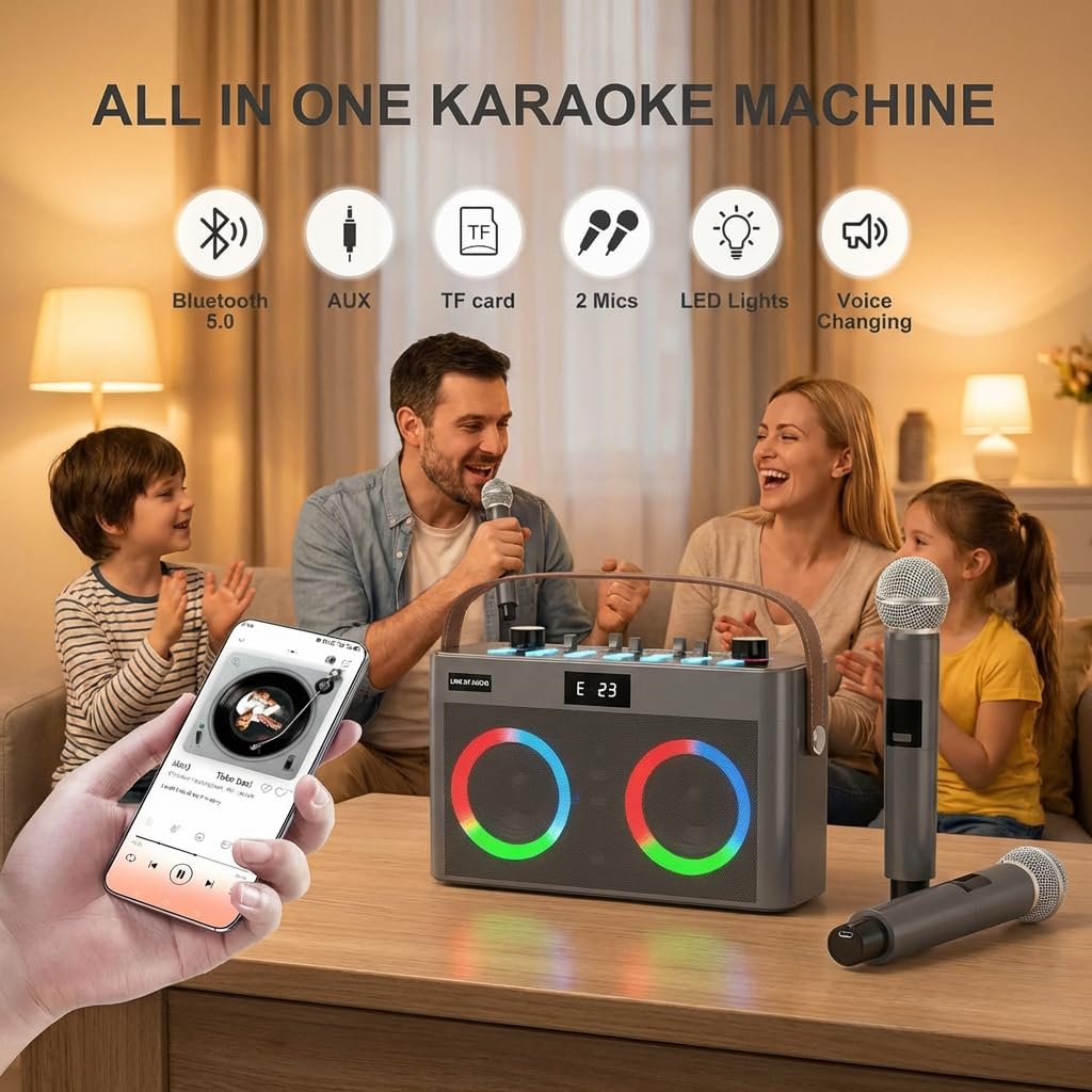 MT-VIKI Audio Mixer Bluetooth Karaoke Maschine Lautsprecher mit 2 drahtlosen Mikrofonen + Handschlaufe, LED-Lichter, TF-Karte, AUX-in für Home Party, Picknick, Auto, Outdoor/Indoor