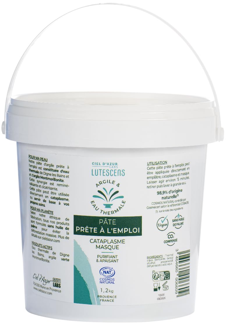 CIEL D'AZUR LABS - Pâte à l'Argile et à l'Eau Thermale prête à l'emploi - Naturel - Seau 1.2 kg
