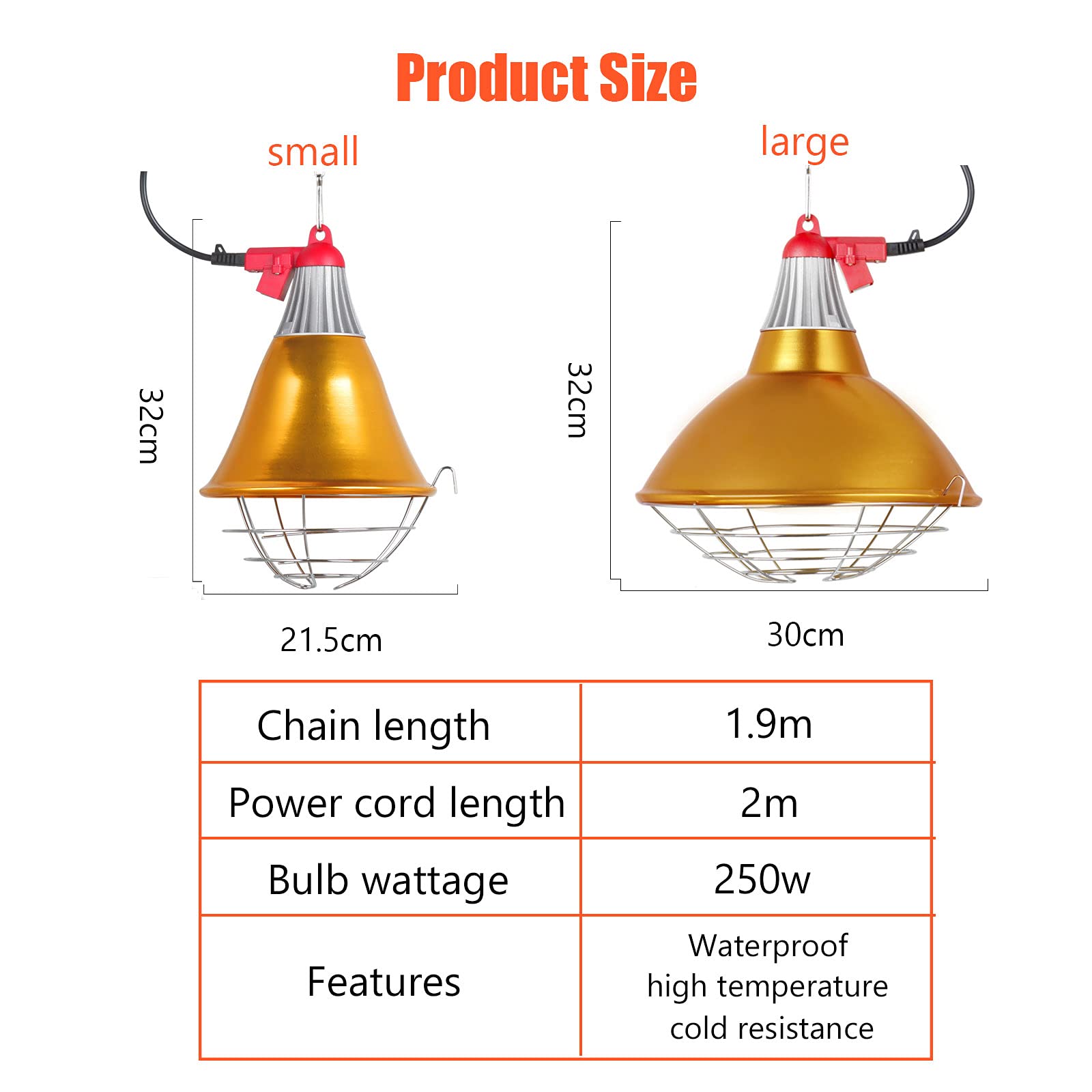 Lampa grzewcza dla szczeniąt żółwia kotka, lampa grzewcza dla piskląt z żarówką wodoodporną i przeciwwybuchową, regulowana 150W-250W (L)