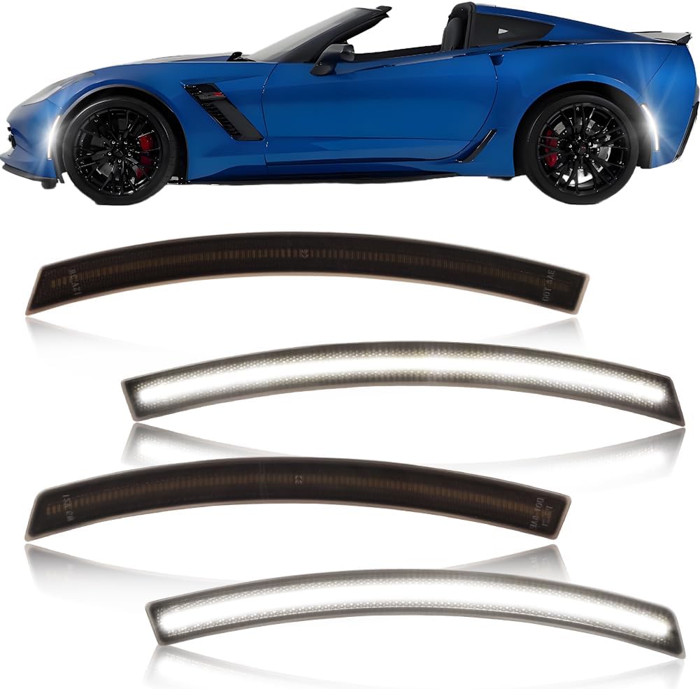 Front & Rear LED Side Marker Lights for Corvette C7 (2014-2019) /Grand Sport/Stingray/Z06 /ZR1, Smoked Lens White LED Turn Signal Lights, 4 PCS