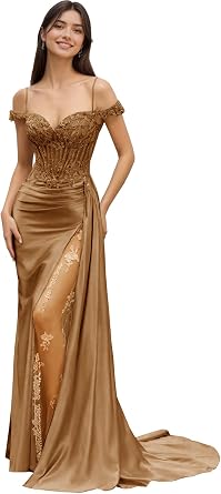 Fanciest Off Shoulder Satin Prom Dresses with Lace Appliques Pleated Formal Dress Slit Mermaid Evening Gown