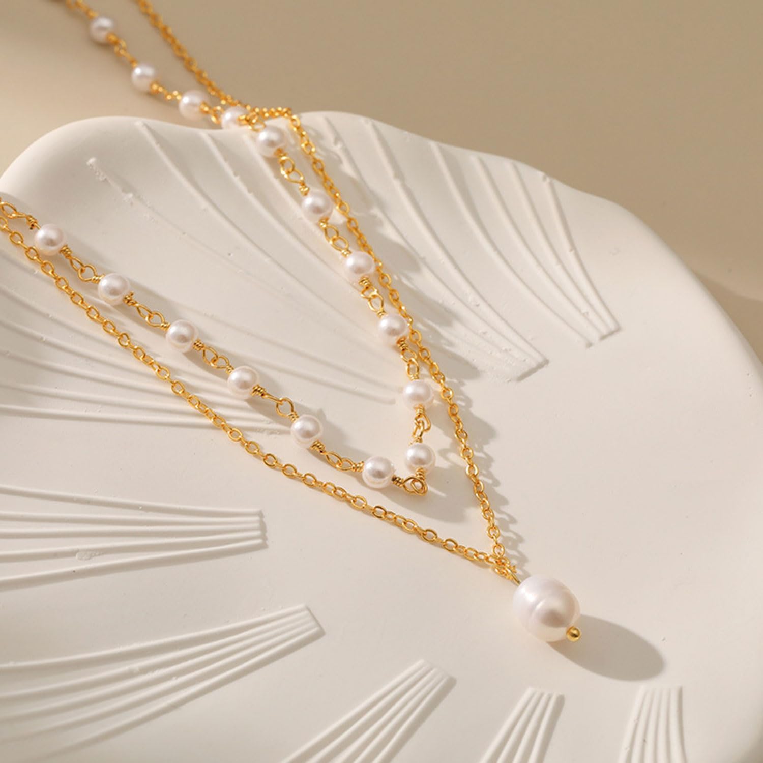 Gold Pearl Necklace for Women, Layered White Pearl Necklaces Trendy Gold Simple Chain Pearl Necklace Wedding Bridal Jewelry Gifts - Image 4