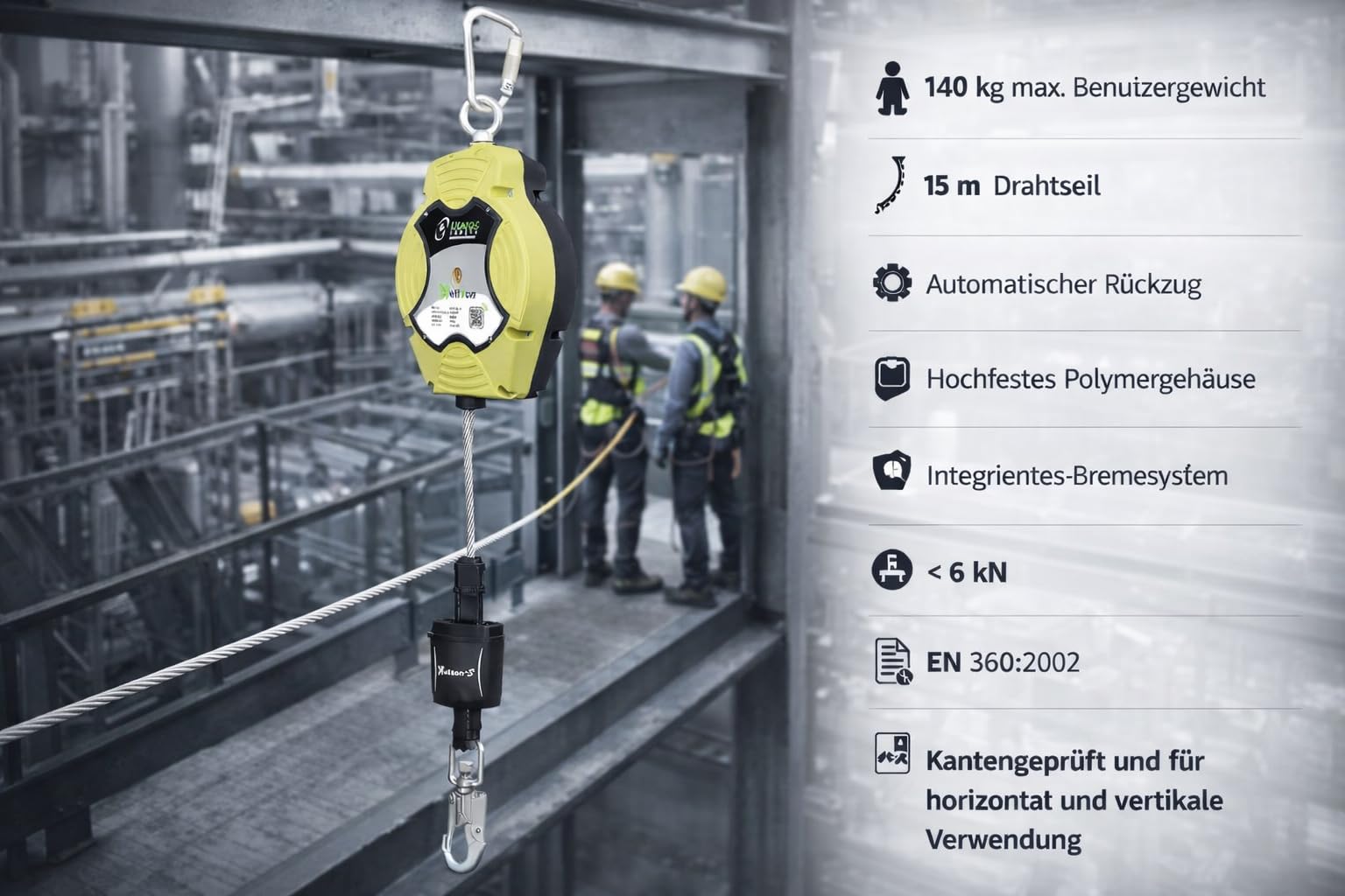 KRATOS SAFETY - HELIXON-S câble, antichute à rappel automatique 15 m, utilisation verticale et horizontale