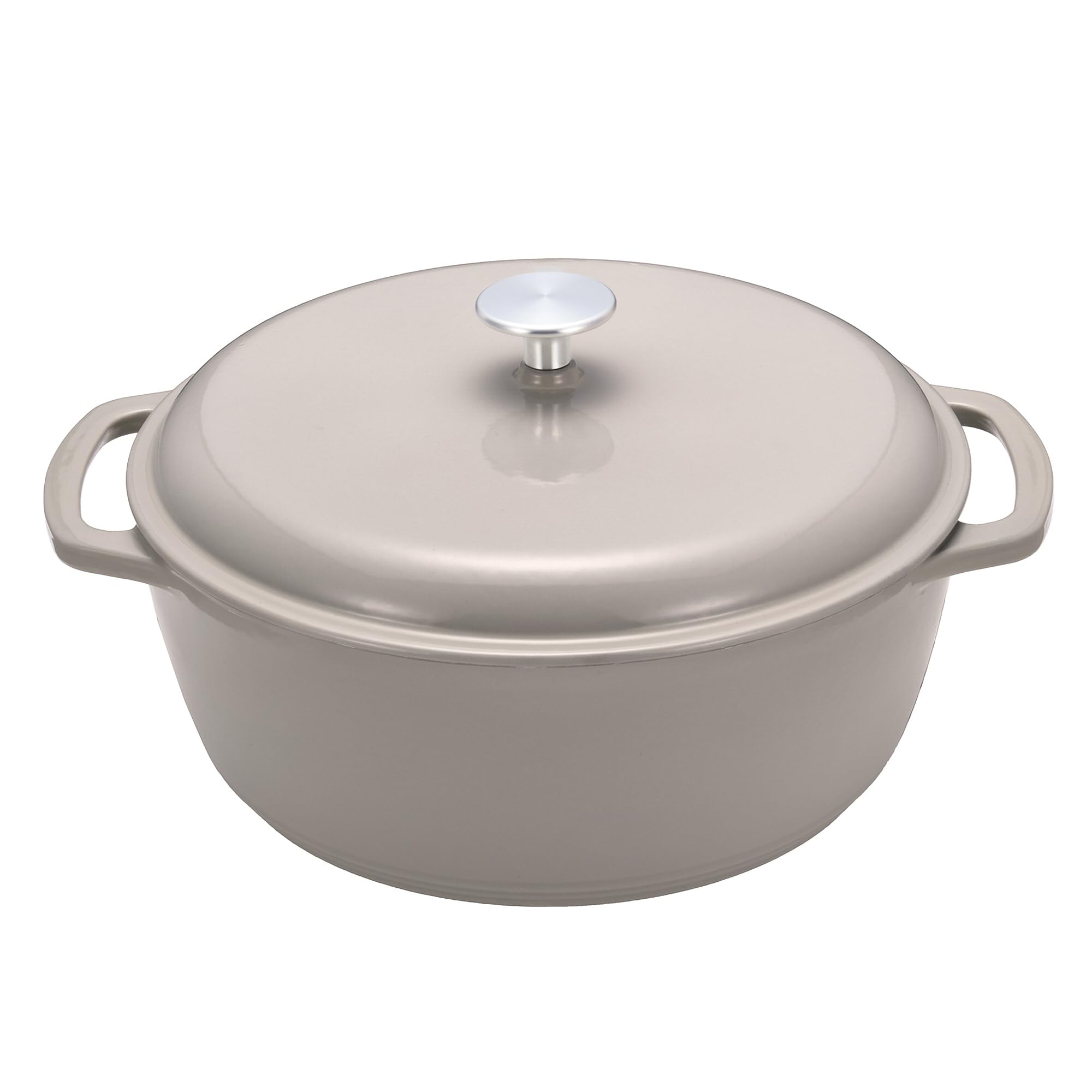 Amazon Basics Cast Iron Casserole Dish with Lid, Enamelled, Round, Heavy-Duty, 6.9 L, Linen Grey