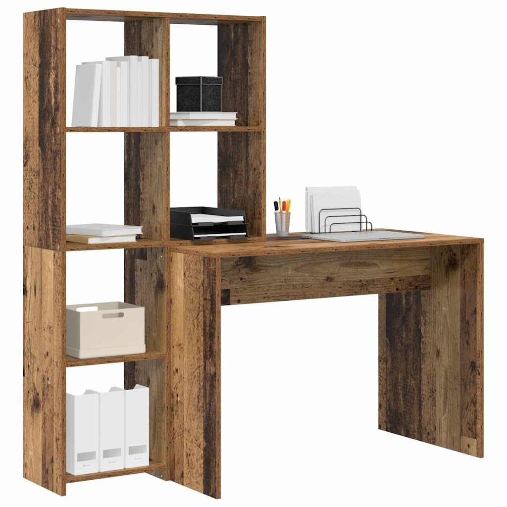 Schreibtisch aus Altholz Design Holzwerkstoff 138,5 x 55 x 143 cm mit 4 Regalen, für PC Laptop Büro Homeoffice Ordnung, Schreibfläche und Stauraum