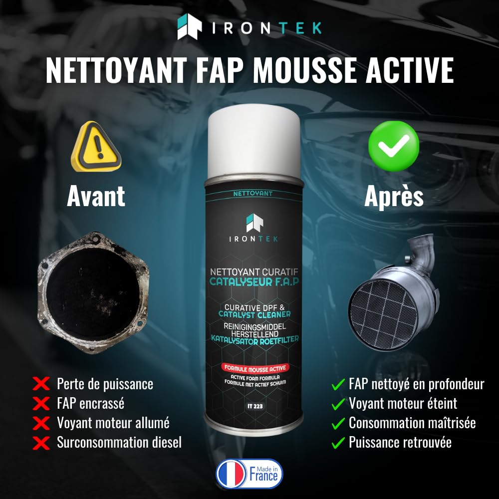 Nettoyant FAP Diesel 400ml - IRONTEK | IT223 | DPF Cleaner + Buse Injection | sans Démontage | Débouche Filtre à Particules Curatif | Formule Mousse Active Professionnelle