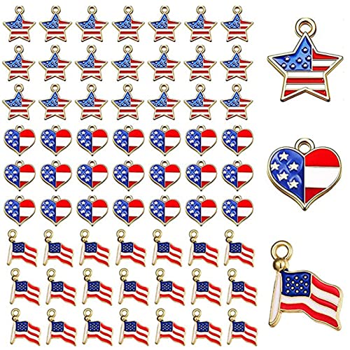 BINBE 90 Pcs American Flag Charms, Pendant Patriotic Enamel Charms for Independence Day 4th of July Flag Dangle Star & Heart Charm Ornament DIY Jewelry Bracelets Necklaces Earrings Head Cords