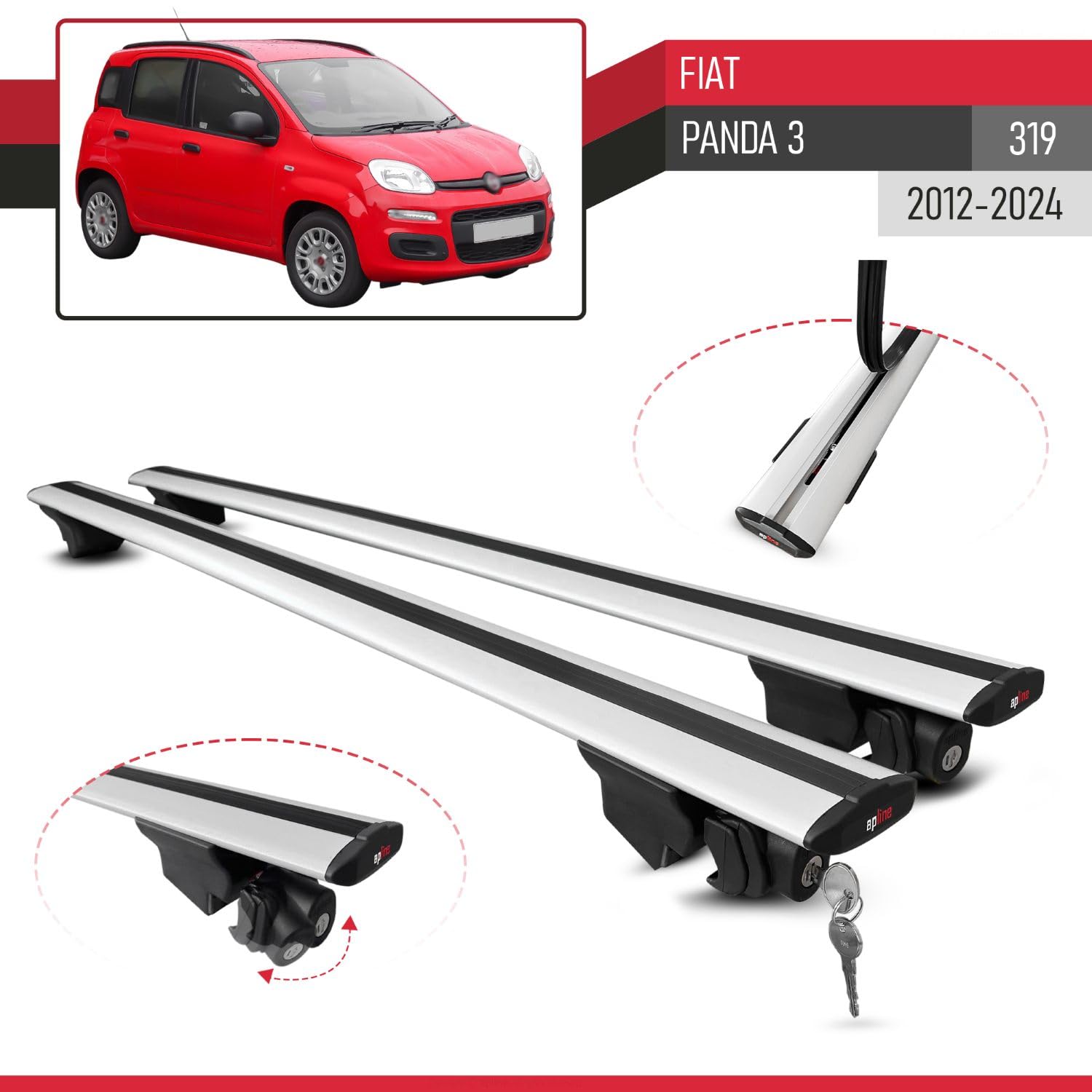 Compatible con Fiat Panda 3 (319) 2012-2024 Modelo Hook Barra de Techo Auto Portaequipajes Barras Transversales Gris Aluminio 2 Barras