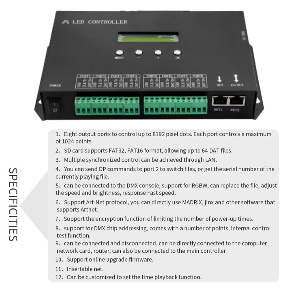 Controlador de Píxeles LED WiFi Artnet una SPI Compatible para Software Sincronización LAN Tarjeta SD Consola DMX512 (H807SA) Enchufe Europeo