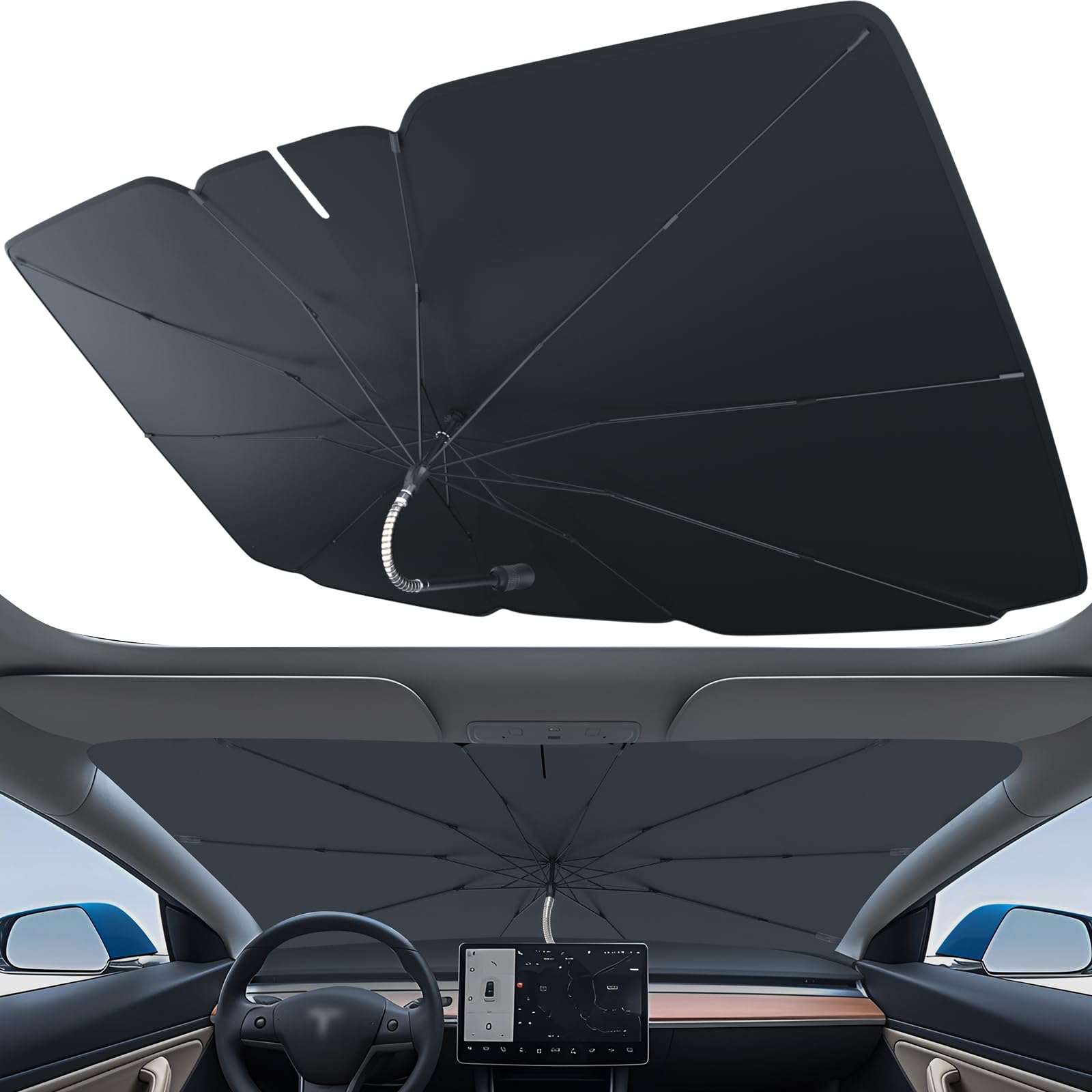 Tesla Model Y Sunshade for Front Windshield-Model Y Window Sun Shade Umbrella[100% Sun Block,Ultra-Durable] Keep Cool Front Window Sunshade for Windshield & Front Glass Tesla Accessories