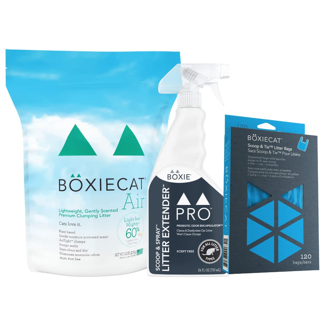 Boxie New Cat Starter Kit- Boxiecat Air Lightweight Clumping Cat Litter - Gently Scented Formula | BoxiePro Scoop & Spray Litter Extender | Boxiecat Scoop & Tie Cat Litter Waste Bags