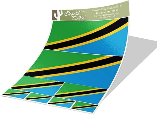 Desert Cactus Calcomanía de bandera de país de Tanzania, paquete de 8 unidades en total con logotipo de niños, álbum de recortes, automóvil,