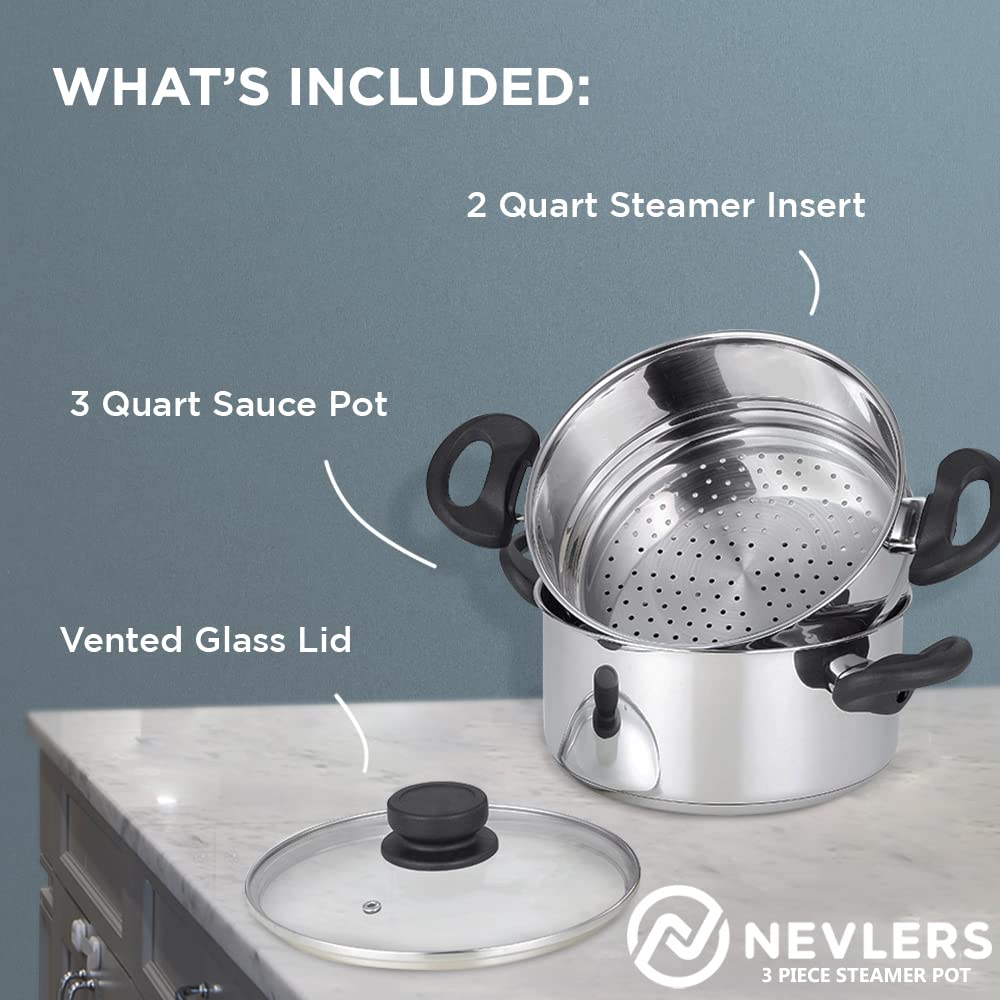 Nevlers 3 Piece Premium Heavy Duty Stainless Steel Steamer Pot Set