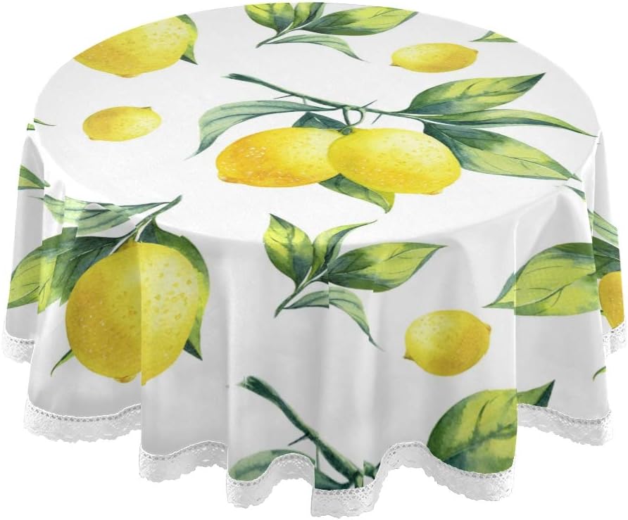 Qilmy Lemon Round Tablecloth Macrame Lace Table Cloth Spillproof Table Cover for Kitchen Dinning Tabletop Decor 60 Inch