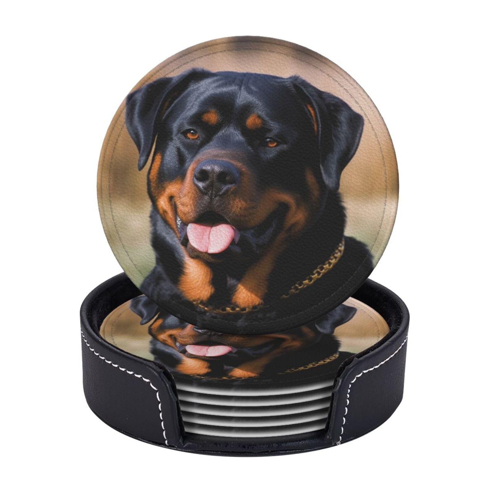 Round Coasters for Drinks Set of 6 - PU Leather Coasters with Holder - Modern Drink Coasters for Coffee Table - Rottweiler Dog Coaster for Tabletop Protection 4" Cup Mat Pad