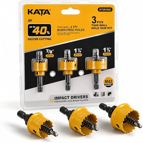 KATA 3-Piece M42 Thin Wall Hole Saw Kit Hole Saw Set for Impact Drivers | Hole Cutter Drill Bit with 1/4" Hex Shank, Fast Burr-Free Holes in PVC, Thin-Gauge Metal, Includes 7/8, 1-1/8, 1-3/8 in Sizes