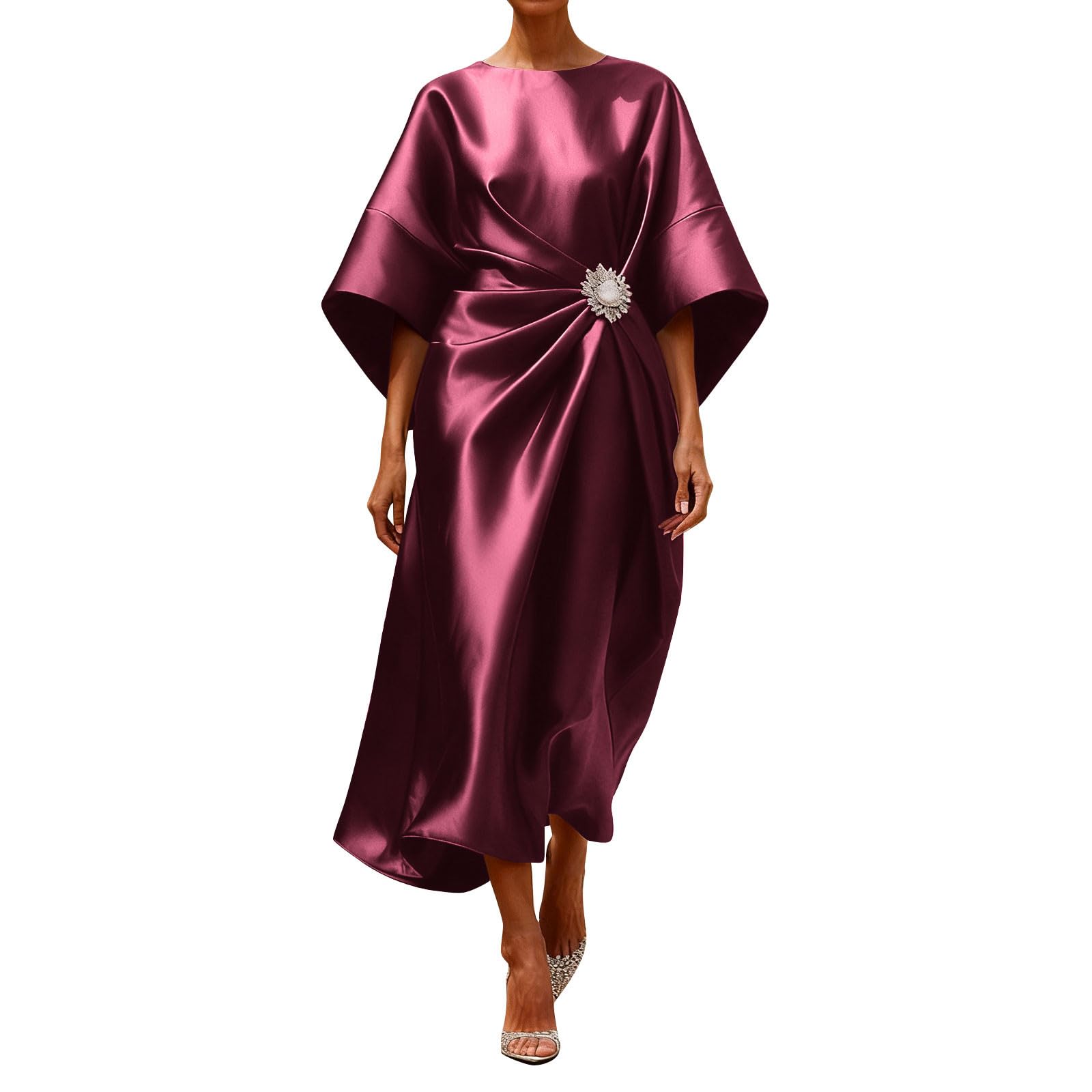 Abito midi da donna in raso a mezza manica moderno alla moda con maniche a pipistrello increspato con spilla di cristallo staccabile elegante abito casual in seta per matrimoni, cocktail, feste