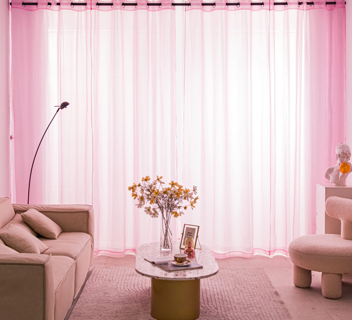 PI Long Sheer Curtains with Ring Top,Girlish Pink Privacy Voile Textured Window Treatment for Girls Room/Wedding 2 Panels (W52 X L130, Bright Pink)