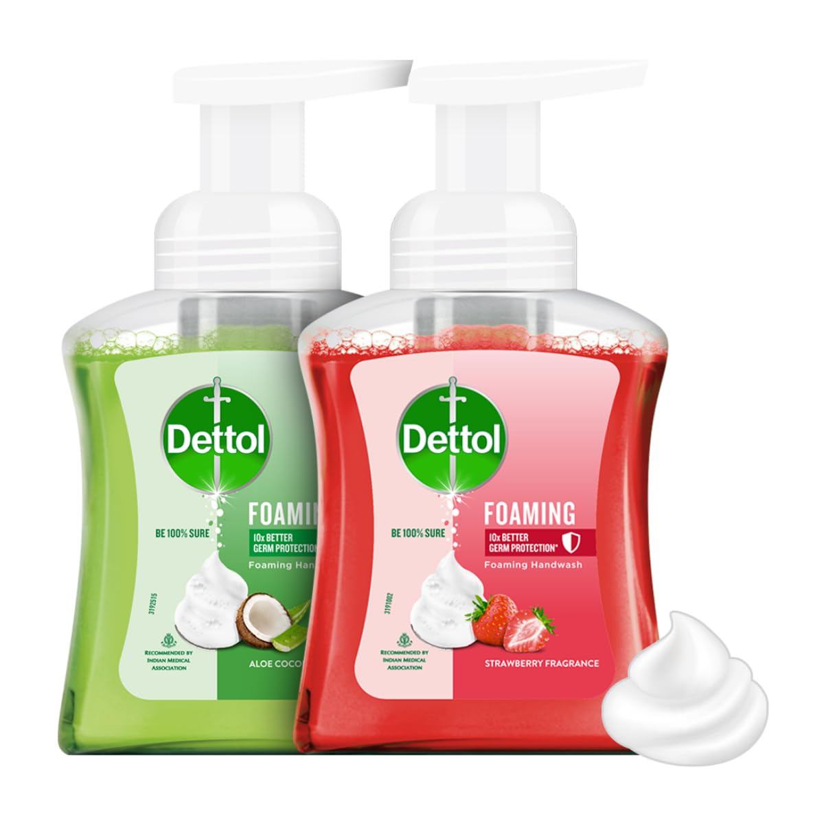 Dettol Foaming Handwash Pump Combo, Aloe Coconut & Strawberry (2 x 250ml) | Rich Foam | Moisturizing Hand Wash | Soft on Hands