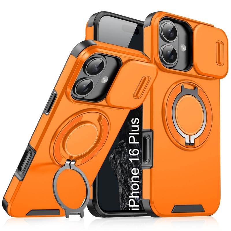 Image of LuxuryKase Shockproof Rugged Case for iPhone 16 Plus | Slide Camera Cover | 360 Rotating Ring Kickstand | Military-Grade Protection - Sunset Orange