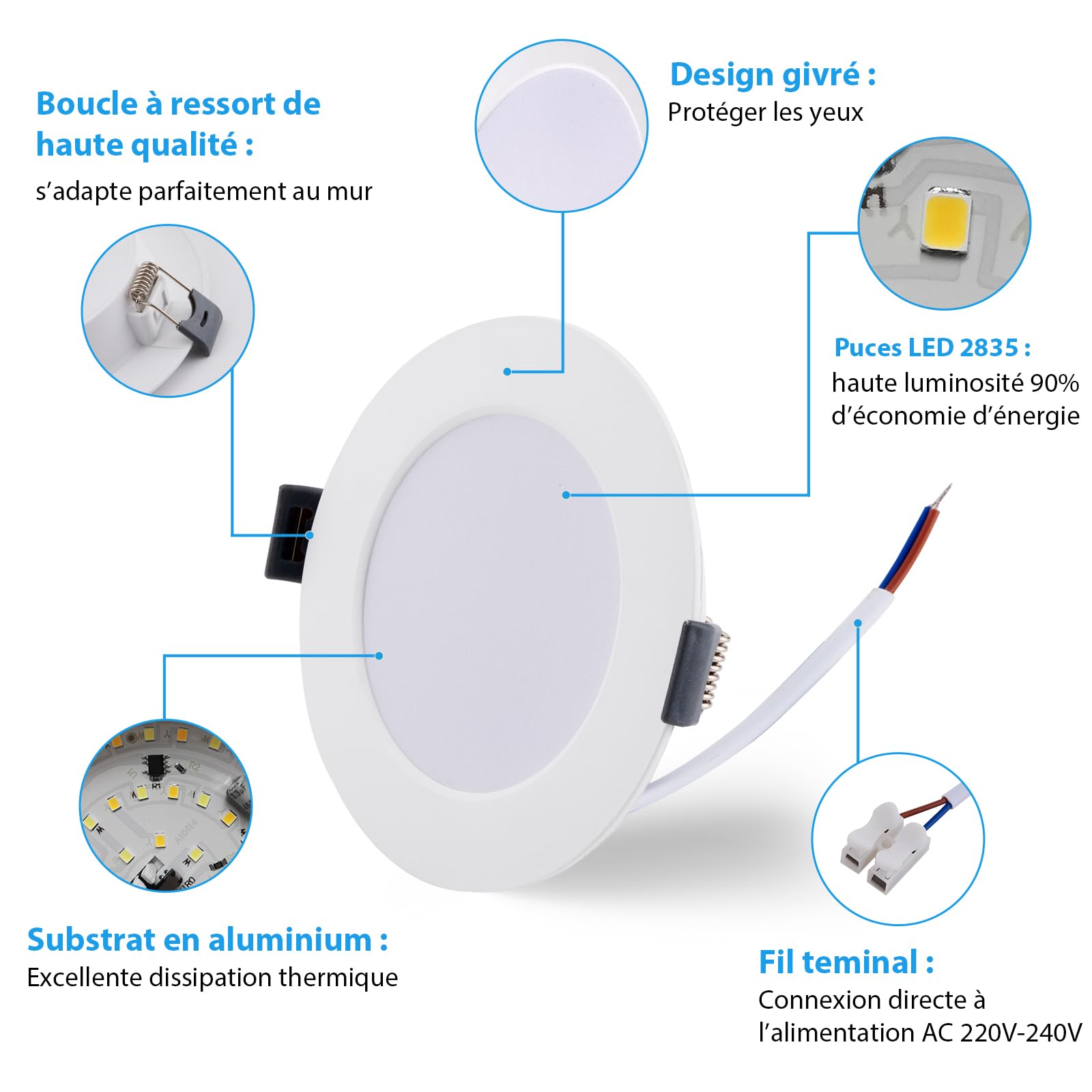 7W Spots LED Encastrables 220V, Spot Salle de Bain IP65, Ultramince 25 mm, 630LM, Blanc Froid 6000K, Trous Ø95-110mm, Spot LED Plafond Rond pour Cuisine, Salon, Chambre, Lot de 6