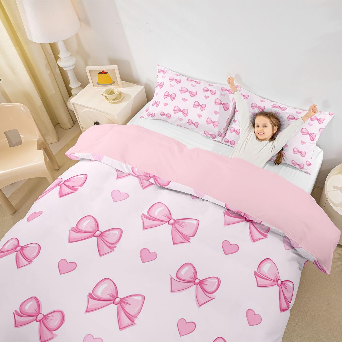 Homewish Juego de ropa de cama doble con diseño de corazones y lazos rosados para niños y niñas, funda de edredón con lazo de princesa, bonito juego de cama