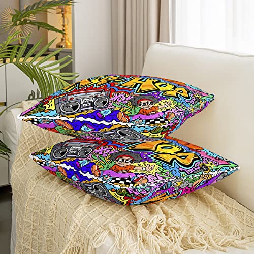 Loussiesd Hip Hop Decor Throw Pillow Covers 16"x16" Set of 2 Hippie Graffiti Style Cushion Covers for for Sofa Graffiti Graphic Street Culture Grunge Art Decorative Pillowcases Outdoor Pillows Covers - Image 3