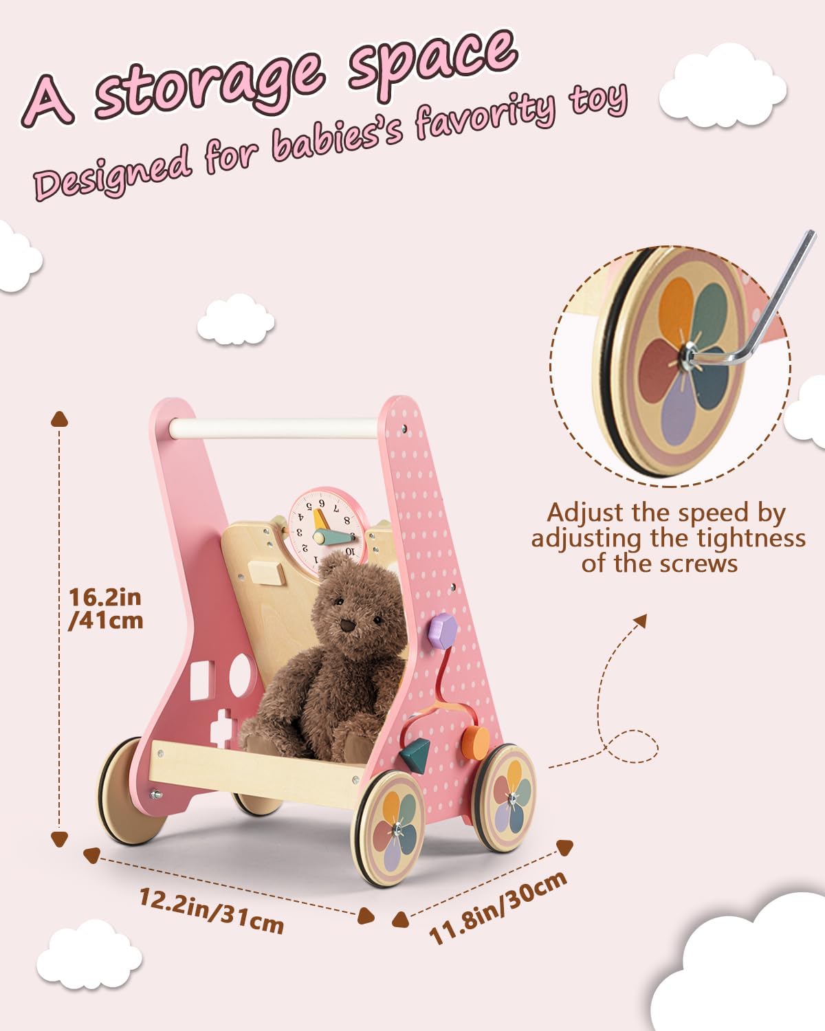 LOL-FUN Baby Lauflernwagen Holz, Rosa,Small | Lernspielzeug für Spaziergänge, Bodenschutz, Montessori, Aktivitätszentrum, 1 Jahr altes Kleinkind