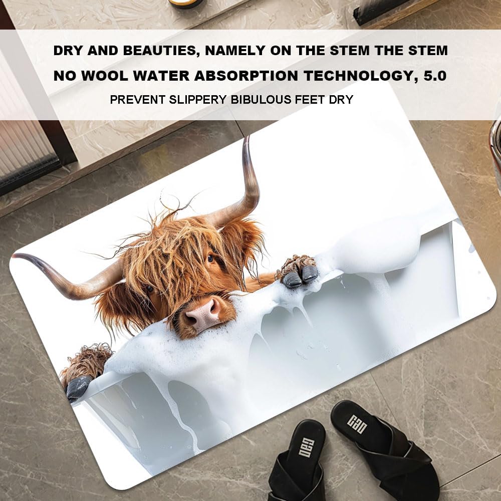 Bath Mat-Bathroom Rug，Bath, Highland Cattle-Absorbent Non Slip Quick Dry Stain Resistant Easy to Clean Care Shower Rug for Bathtub Shower Room 16×24Inch (40 * 60cm)