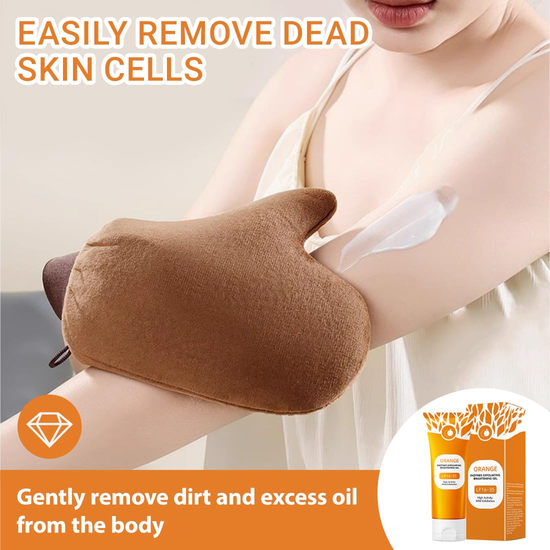 GXGM 2 Pezzi Orange Exfoliating Gel lf16-35,Gentle Exfoliating Orange Detergente Viso,Rimuove le Cellule Morte Della Pelle, Migliora la Consistenza Della Pelle,Con Guanti Floccati Marroni