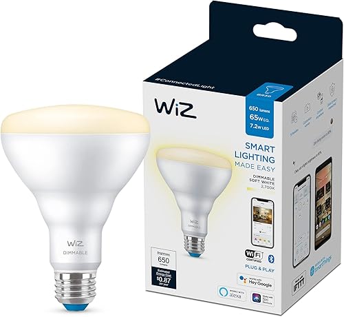 WiZ 65W BR30 - Bombilla inteligente LED blanca suave, paquete de 1, E26, para interiores, se conecta a tu Wi-Fi existente, controla con voz o
