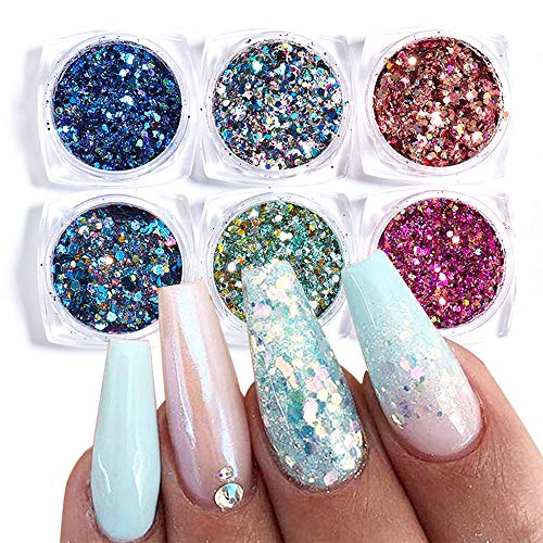 Holographic Nail Glitter Sequins Powder 3D Nails Glitter Flakes Shiny Acrylic Powder Dust Flakes Laser Sparkles Nail Art Decor DIY Design Manicure Tips Charms