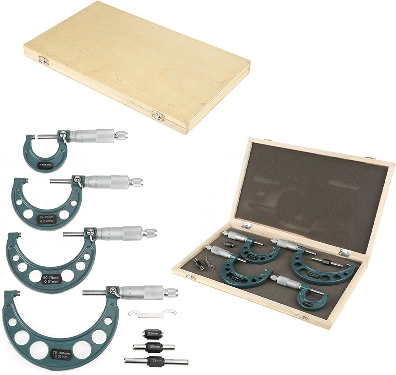 100mm Outside Micrometer Set with Carbide Tips,4 Piece Measuring Tools in Wooden Case for Accurate External Diameter Gauging