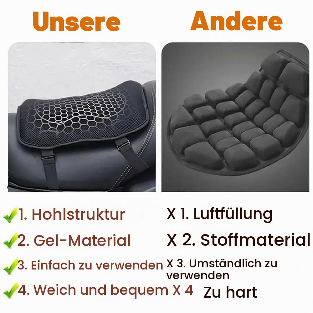 NEWFUN Motorrad Sitzkissen,Gelkissen Motorrad,Motorrad Faltbares Sitzkissen Stoßdämpfend,Universelles Atmungsaktives Moto Sitzkissen, Mit Innovativer Gelkissen Stoßdämpfung Sitzschutz Bequem für Lange