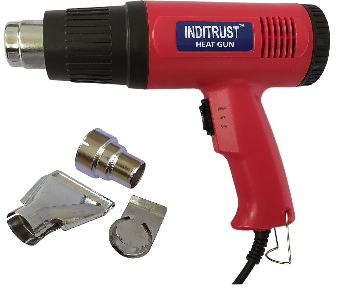 INDITRUST 2000W RED Heat Gun with Dual Temperature setting and 3 Nozzle Attachments, Hot Air Gun Heating helps in Shrink Wrapping, Paint Removal, Wire Shrinking, Crafting