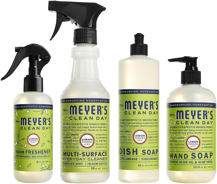 MRS. MEYER’S CLEAN DAY Lemon Verbena Scent Variety, 1 Room Freshener 8 OZ, 1 Liquid Dish Soap 16 OZ, 1 Liquid Hand Soap 12.5 OZ, 1 Multi-surface Cleaner 16 OZ, Lemon Verbena, 1 CT