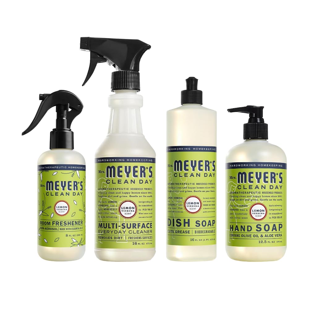 Mrs. MEYER'S Clean Day Lemon Verbena Scent Variety, 1 Room Freshener 8 OZ, 1 Liquid Dish Soap 16 OZ, 1 Liquid Hand Soap 12.5 OZ, 1 Multi-surface