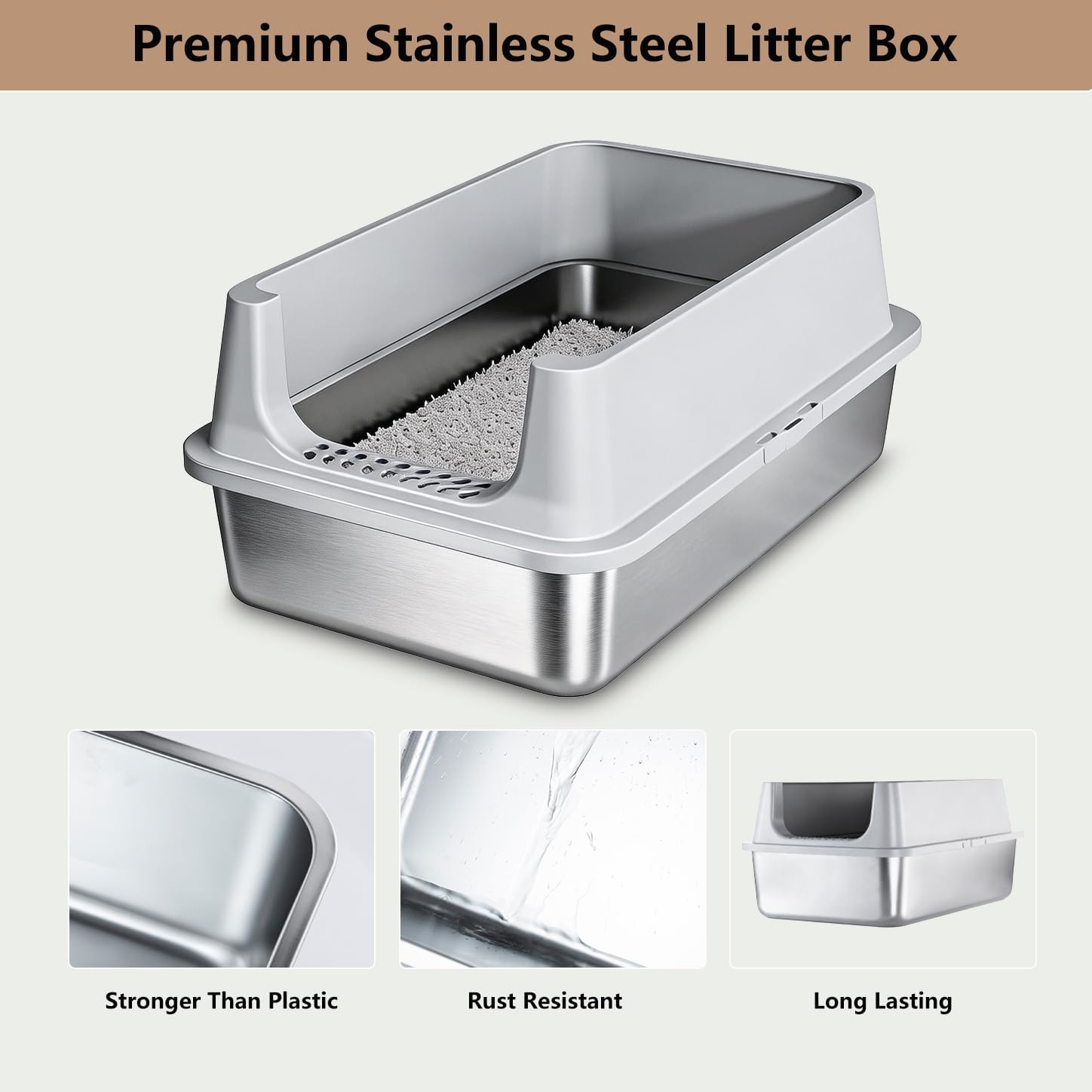 Stainless Steel Litter Box with High Sided Plastic Enclosure, 23.6"×15.7"×10.6" Cat Litter Box, Metal Kitty Litter Box Does not Easily retain Odors & Easy to Clean, Large Cat Splash Guard